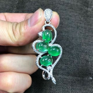 Rare Chinese S925 Silver & Jadeite Jade Collectible 4 Green Beads Bird Pendant