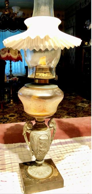 Metal Soldier Oil Kerosene Lamp W/ Rare Match Safe & Milk Glass Shade