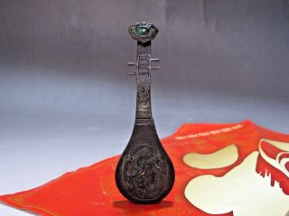 Th0029 Vintage Brass Old Lock And Key Inlay Jade Dragon Chinese Lute Shape