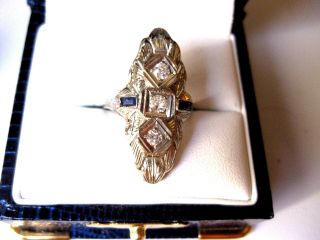 Antique 18k White Gold Filigree Ring:diamonds & Sapphires,  Art Deco