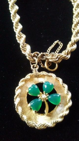 14kt Gold Vintage Rope Bracelet With Jade 4 Leaf Clover Charm