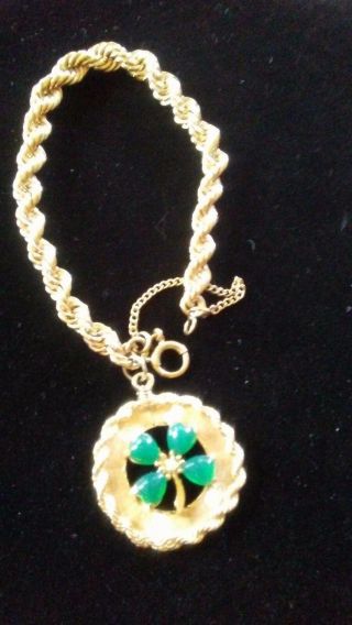 14kt gold vintage rope bracelet with jade 4 leaf clover charm 3