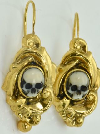 Astonishing 19th C.  Victorian Memento Mori Skull 14k Gold Cameo Earrings Set.  Rare