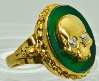 Museum Victorian 18k Gold,  Chrysoprase&diamonds Memento Mori Skull Ring.  C1830 