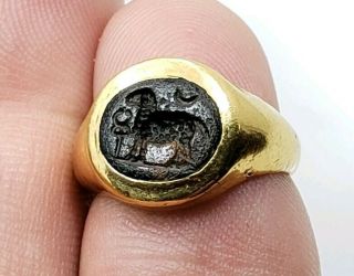 Ancient Roman? 22k - 24k Yellow Gold Carved Horse Intaglio Ring Size 2.  5