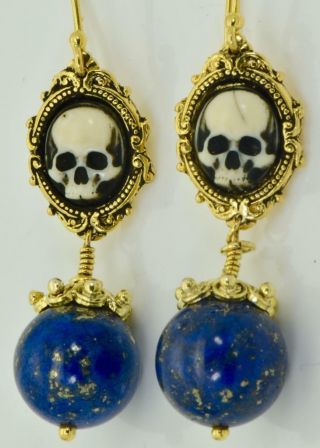Wow 19th Century Victorian 18k Gold&lapis - Lazuly Skull Cameo Earrings Set