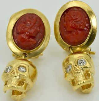 Museum Victorian Memento Mori Skull 18k Gold,  Diamonds&coral Cameo Earrings.  Box