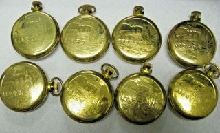 8 Vintage Advance Pocket Watches Train On Case Back Parts/repair