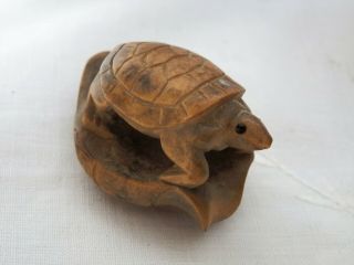 Antique Vintage Hand Carved & Signed Wooden Netsuke Turtle On A Leaf