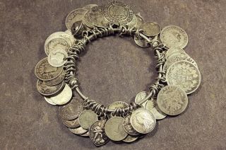 Antique English Victorian Boer War Period Silver Love Token 60 Coin Bangle C1900