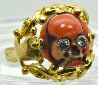 Museum 19th C Victorian 18k Gold,  Coral Cameo&diamonds Memento Mori Skull Ring