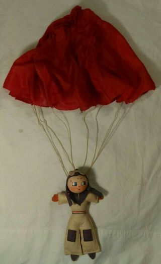 Cute Vintage Wwii Era Paratrooper Doll Red White & Blue W Silk Parachute