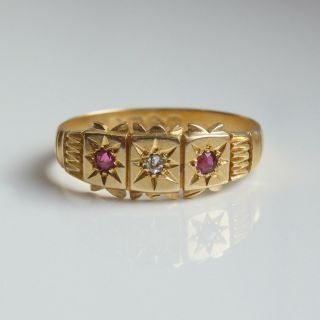 Stunning Antique Edwardian 18ct Gold Diamond & Ruby Trilogy Ring c1907 3