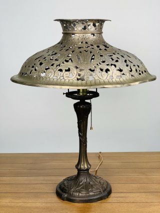 Antique Metal Base Lamp Filigree Metal Shade Tiffany Style Electric