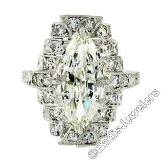 Antique Art Deco Platinum 3.  54ctw Marquise & Single Cut Diamond Engagement Ring