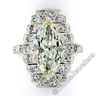 Antique Art Deco Platinum 3.  54ctw Marquise & Single Cut Diamond Engagement Ring 4