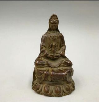Chinese Antique Hand Carved Retro Pure Copper Buddha Guanyin Small Statue