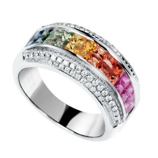 2.  09ct 100 Natural Diamond 14k Gold Colorful Sapphire Rainbow Gradient Ring R11