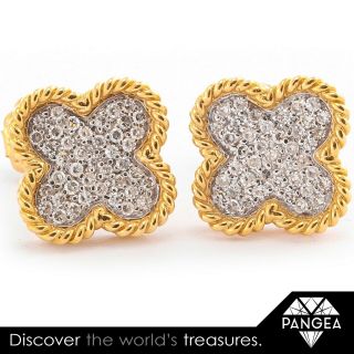 14k Yellow Gold Diamond Pave Alhambra Four Leaf Clover Stud Earrings 0.  40ctw