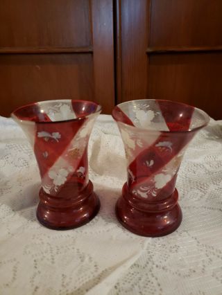 Antique Victorian Ruby And Clear Glass Hand Painted Vases Set Of Two