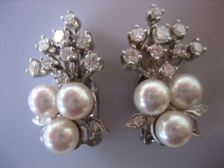 Stunning Vintage 14k White Gold Diamond Pearl Clip - On Earrings 11.  4 Grams