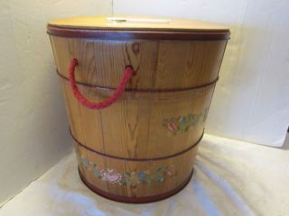 Barrel Wood & Tin Sewing Basket Box Penn Tole Dutch Red Painting 15 " X 15 " Usa