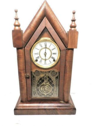 Huge Waterbury Striking 8 Day Steeple Clock With Designed Glass Tablet - 1895