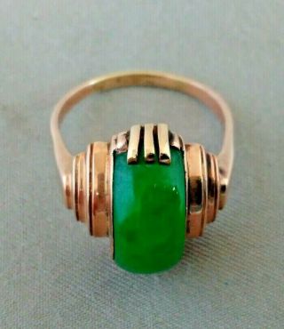 Antique 1920 - 30 ' s Art Deco 14k Gold & Imperial Green Jade Ring 10