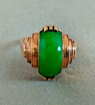 Antique 1920 - 30 ' s Art Deco 14k Gold & Imperial Green Jade Ring 11