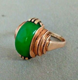 Antique 1920 - 30 ' s Art Deco 14k Gold & Imperial Green Jade Ring 2