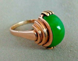 Antique 1920 - 30 ' s Art Deco 14k Gold & Imperial Green Jade Ring 3