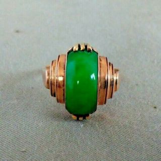 Antique 1920 - 30 ' s Art Deco 14k Gold & Imperial Green Jade Ring 4