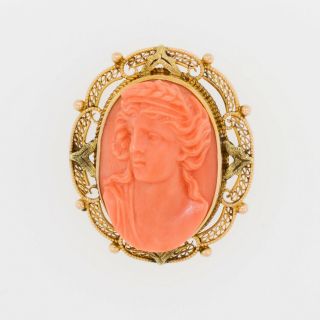 14k Yellow Gold Filigree Coral Cameo Pin Pendant With High Relief