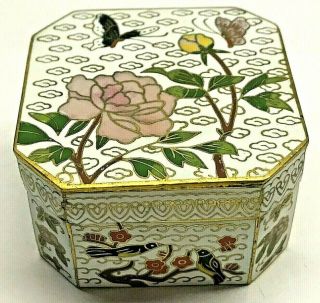 Vtg Japanese Cloisonne Enamel Metal Trinket Box Bird Butterfly Flowers Chinese