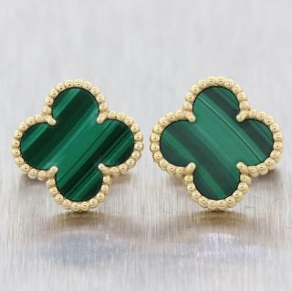 Van Cleef & Arpels 18k Yellow Gold Vintage Alhambra Malachite Earrings Box $5150