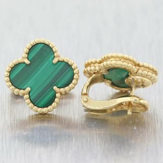 Van Cleef & Arpels 18k Yellow Gold Vintage Alhambra Malachite Earrings Box $5150 2