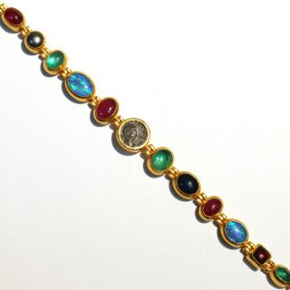 David Gurhan 24k Gold Ancient Coin,  Opal,  Emerald & Gemstone Bracelet