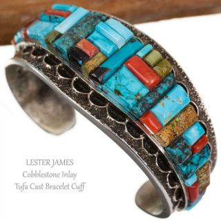 Navajo Bracelet Sterling Silver " Hidden Sunface " Cobblestone Inlay Coral L James