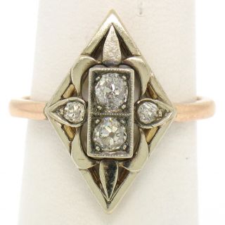 Antique Victorian 14k Tri Color Gold Marquise 0.  40ctw Old Mine Cut Diamond Ring