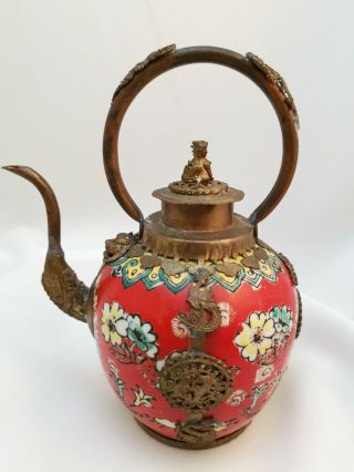 Oriental Chinese Porcelain Teapot With Metal Fittings And Dragon Decoration 7.  5 "