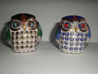 2 X Vintage Chinese Cloisonne,  Enamel On Copper Owl Figures0