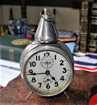 Antique Franz Hermle Nickel Chrome Plate Alarm Clock Brass Feet With Bell Over