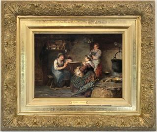 A Rustic Interior Antique Genre Oil Painting By Wilhelm Marc (german,  1839 - 1907)