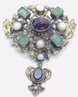 Antique Victorian Austro Hungarian Sterling Silver Emerald Garnet & Pearl Pin