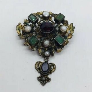 Antique Victorian Austro Hungarian Sterling Silver Emerald Garnet & Pearl Pin 2
