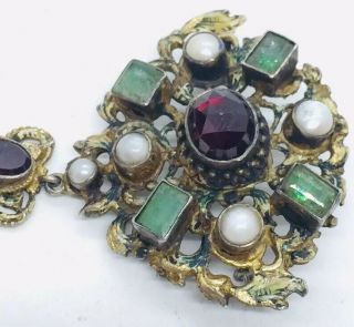 Antique Victorian Austro Hungarian Sterling Silver Emerald Garnet & Pearl Pin 3