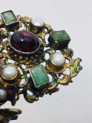 Antique Victorian Austro Hungarian Sterling Silver Emerald Garnet & Pearl Pin 4