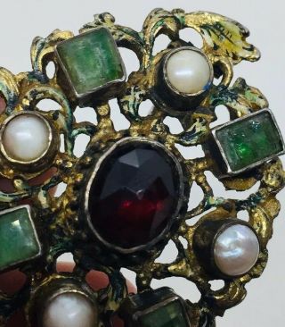 Antique Victorian Austro Hungarian Sterling Silver Emerald Garnet & Pearl Pin 5