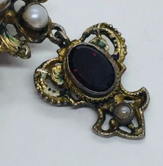 Antique Victorian Austro Hungarian Sterling Silver Emerald Garnet & Pearl Pin 6