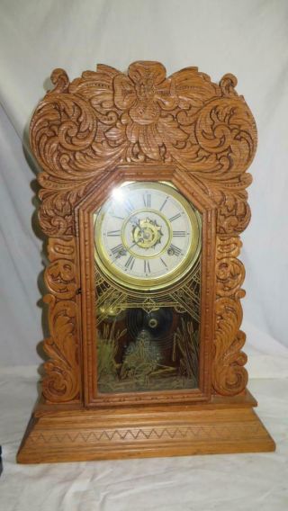 Antique Waterbury Brighton 8 Day Key Wind Alarm Kitchen Gingerbread Clock